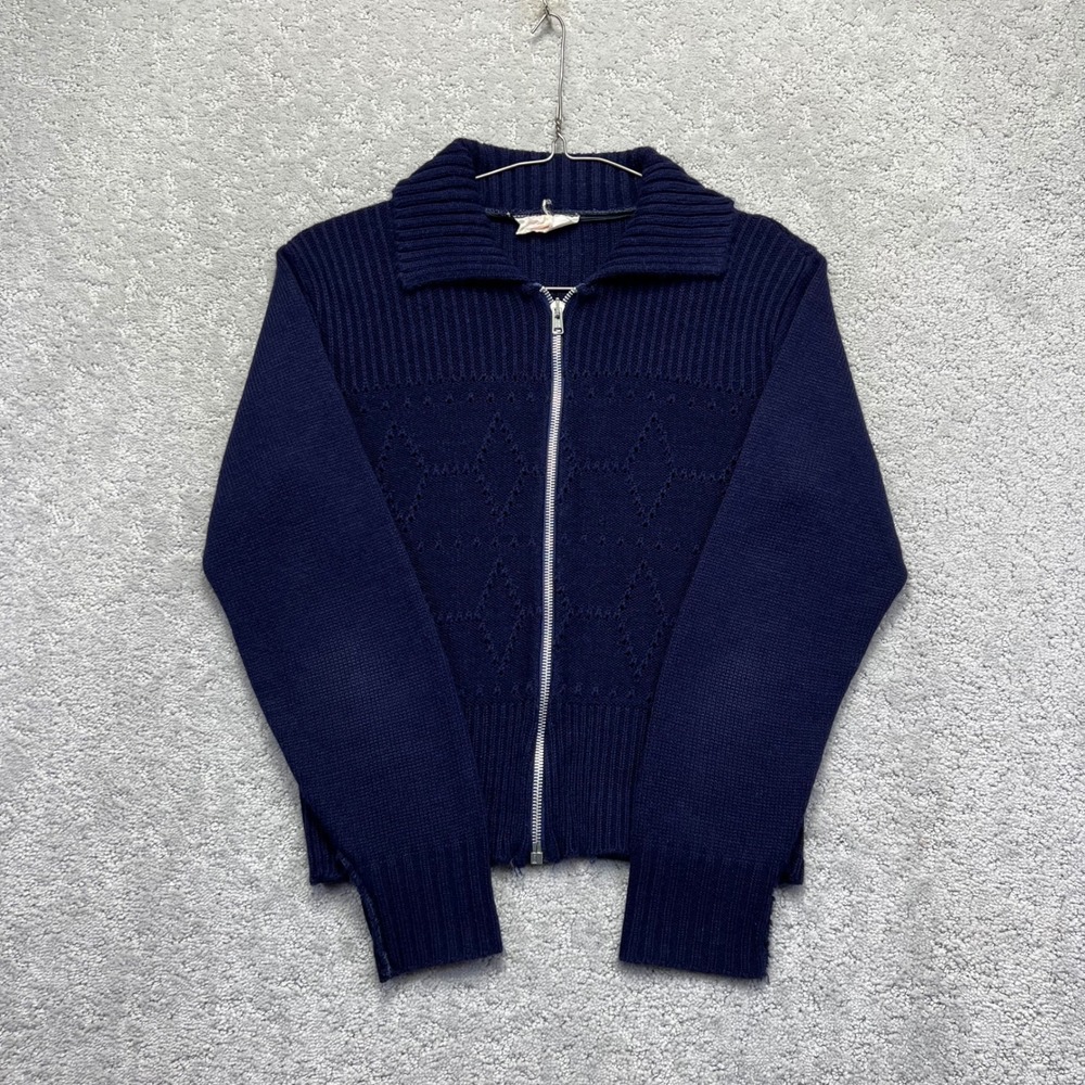 VINTAGE Young Canada Sweater Womens XS/S?? Navy Blue Diamond Knit Zip Up Acrylic